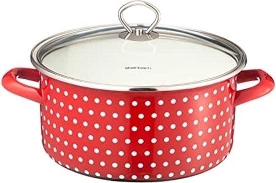 Изображение Original Steinbach Coletto Cooking Pot with Lid Red with White Spots Suitable for All Hobs and Induction Enamelled Carbon Steel Inside Scale, 16 cm