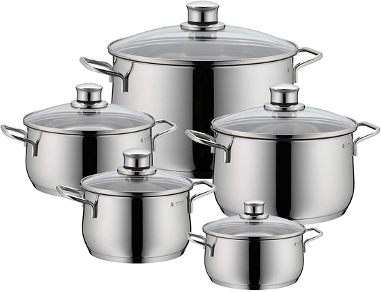 Изображение WMF Pot-Set 5-piece Casserole Casserole Casserole Vegetable Casserole Diadem Plus Pouring Bowl Glass lid Cromargan stainless steel polished suitable for induction dishwasher-safe