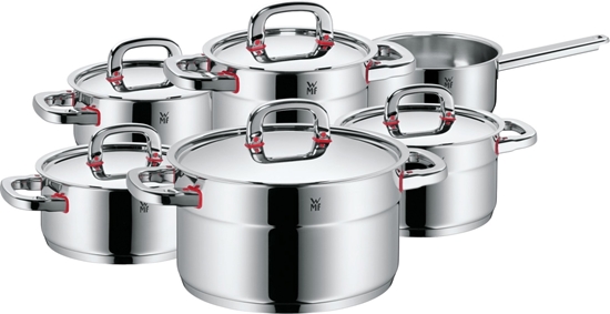 Picture of WMF Premium One 6-piece pot set, metal lid with steam opening, saucepan, saucepan, Cromargan polished stainless steel, induction, cold handles, interior scaling