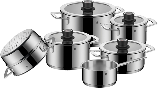Изображение WMF VarioCuisine cookware set, 6 pieces, Cromargan stainless steel, steam insert, Silence glass lid, thermometer, induction pots, uncoated