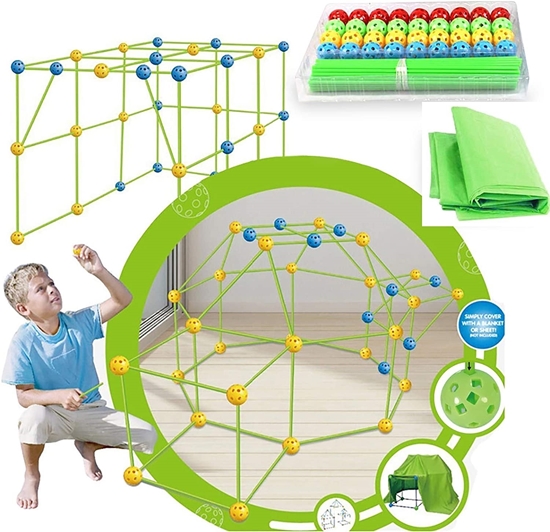 Изображение Construction Fort Construction Kit for Kids, Drinmis DIY Building Site Fort Construction Kit, Fun Toy Building Kits, Tunnels, Tents, Rocket and Play Set for Boys Girls (with Tent)