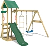 Изображение Wickey TinyCabin Play Tower для лазания с качелями и зеленой горкой, детский домик с песочницей и веревочной лестницей