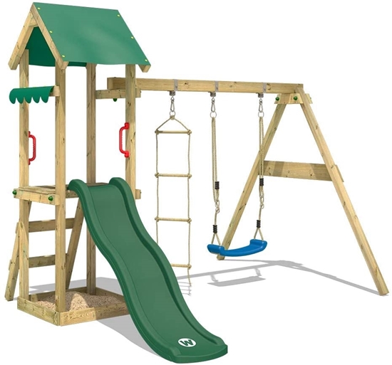 Picture of Wickey TinyCabin Play Tower Climbing Frame with Swing & Green Slide, Playhouse with Sandpit & Rope Ladder