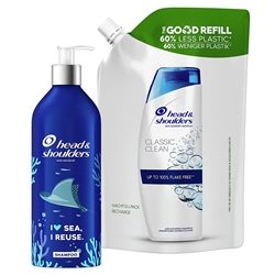 Picture of Head & Shoulders Classic Clean Anti-Dandruff Shampoo Starter Set, Refillable Aluminium Bottle and Recyclable Refill Pack, Pump Dispenser, Anti-Dandruff Shampoo, 72H Dandruff Protection, 910ml