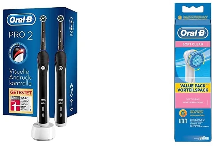 Oral-B PRO 2 2900 Black Edition Twin Pack Electric Toothbrush, BlaBlack &  Soft Clean Replacement Toothbrush Heads (Pack of 6)