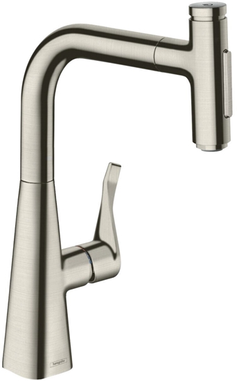 Picture of hansgrohe Metris Select single-lever sink mixer 73817800 with pull-out spray, 2jet, sBox, stainless steel look