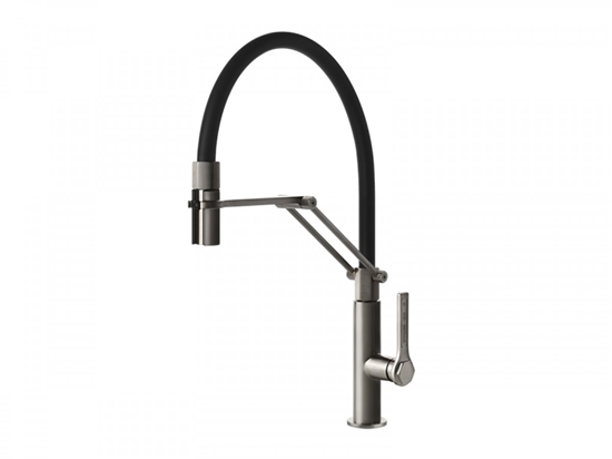 Изображение Gessi 60055 149 Semi-pro single-lever mixer with swivel spout and pull-out double jet hand shower 35mm hole for mixer Spout rotation 360, Finox finish