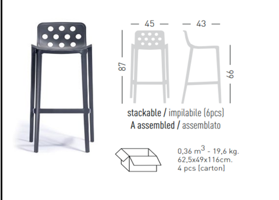 Изображение Isidoro Stackable bar stool, Height: 66cm, Color: Grey- 21