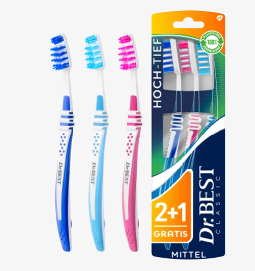 Изображение dr Best Toothbrush Classic high-low medium value pack (2+1 free), 3 pcs