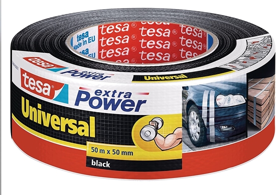 Picture of tesa extra Power Universal - Fabric-reinforced foil tape for repairing, fixing, bundling, reinforcing or sealing, black, 50 m x 50 mm