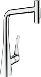 Picture of hansgrohe Metris Select kitchen faucet 73816000 chrome, with pull-out spray, 2jet, sBox