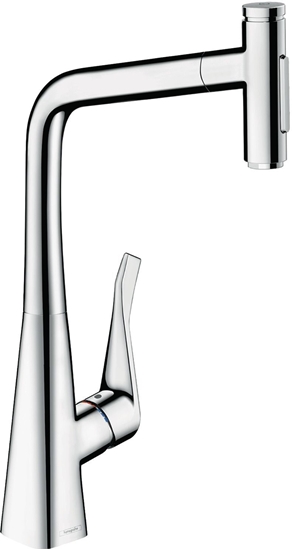 Picture of hansgrohe Metris Select kitchen faucet 73816000 chrome, with pull-out spray, 2jet, sBox