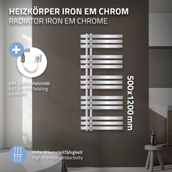 תמונה של רדיאטור חדר אמבטיה חשמלי עם מוט חימום 1200 W - 500 x 1200 מ"מ - כרום - פאנל רדיאטור מעצב רדיאטור מתלה מגבות ECD Germany Iron EM Design
