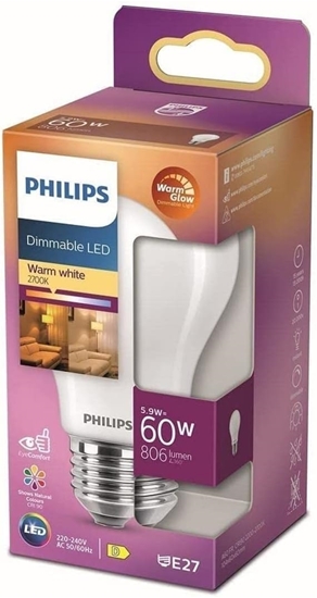 תמונה של מנורת LED Classic E27 WarmGlow, 60 W, צורת דמעה, ניתנת לעמעום, מט, לבן חם Philips 